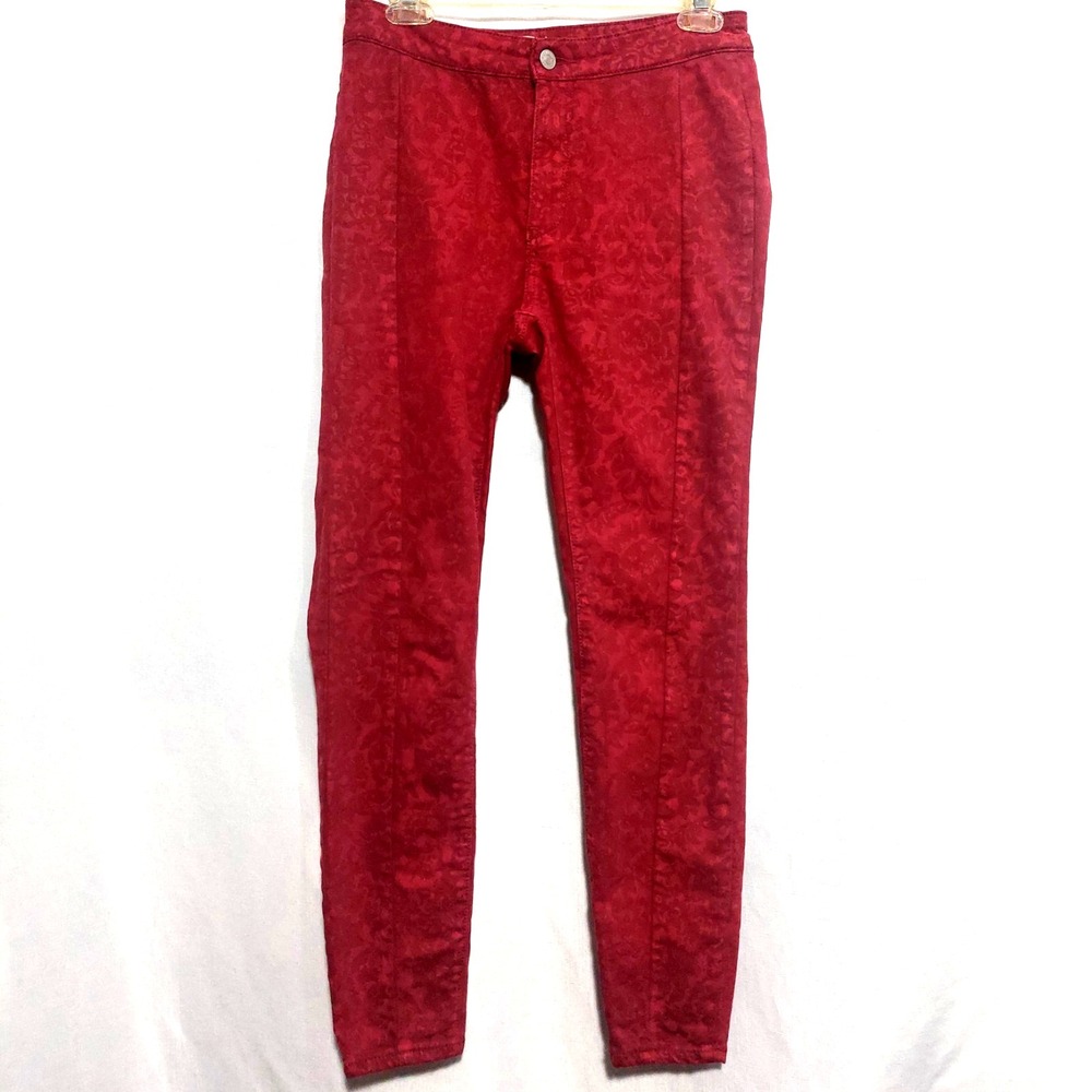 Anthropologie‎ Pilcro Womens 28 Red High Rise Leggins Floral Flocked Front Seam